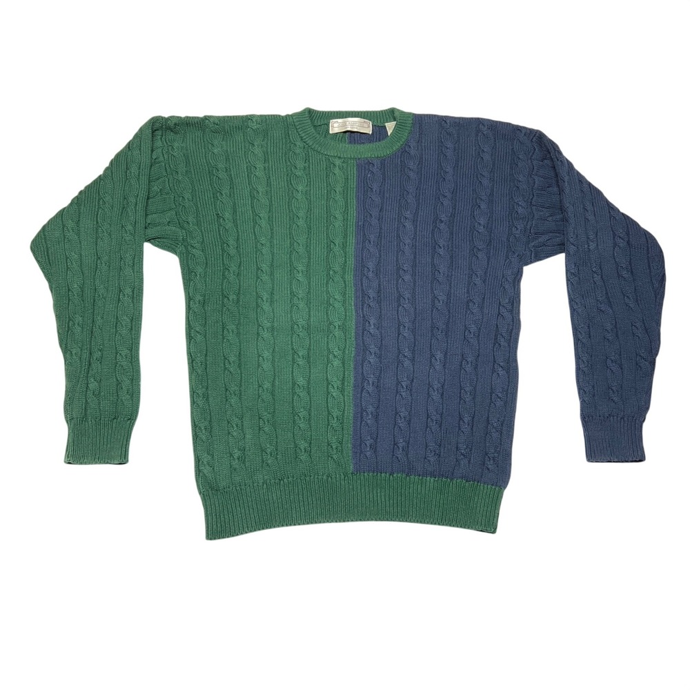 Vintage 90s‎ Y2K John Ashford Colorblock Cable Knit Sweater Large Green Blue EUC